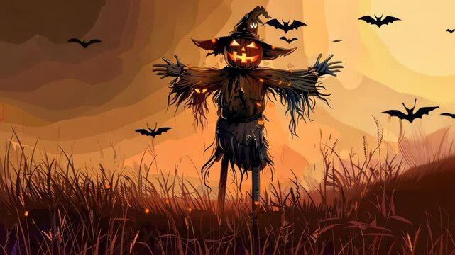 Halloween night background with scarecrow and pumpkin illustration style.
