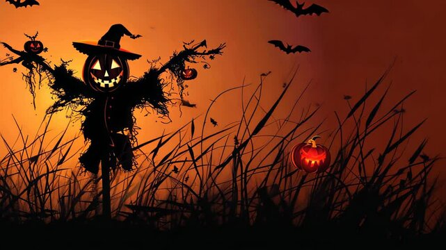 Halloween night background with scarecrow and pumpkin illustration style.
