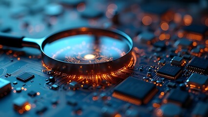 A detailed IT Security Risk Assessment concept depicted with a magnifying glass focused on a document within an abstract technological atmosphere, symbolizing scrutiny and protection.