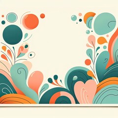 Create a vibrant greeting card design featuring an abstract playful border. Use colorful organic shapes such as teal, orange, soft pink, and cream. The center should be left blank for a personalized m