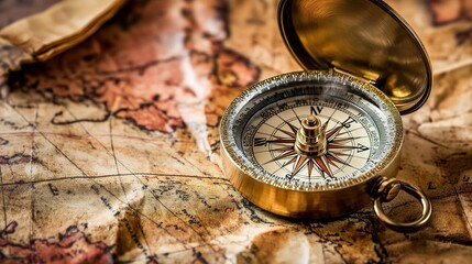 Vintage Compass on Antique Map Background
