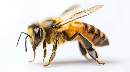 A close-up of a honeybee with its wings slightly raised, showcasing its intricate details and vibrant colors.