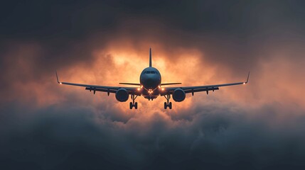 A dramatic scene featuring an airplane approaching through dark clouds, illuminated by the vibrant hues of sunset.