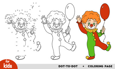 Clown with balloon. Numbers education dot to dot game for kids