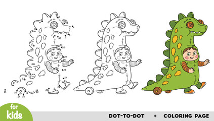 Cute cartoon character boy in dinosaur costume. Numbers game, education dot to dot game