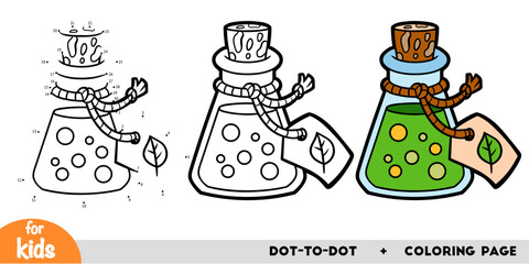 Cartoon elixir bottle with a magic potion. Numbers game, education dot to dot game