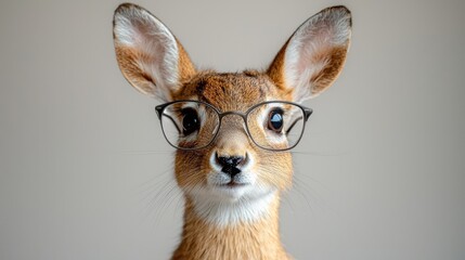 Fototapeta premium A young deer wearing glasses poses against a neutral background, showcasing adorable features and playful charm in a studio setting