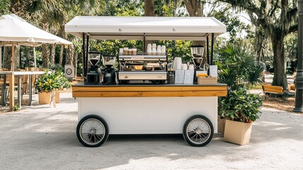 A vibrant coffee cart in a sunny park, showcasing stylish design, serving beverages, surrounded by greenery and outdoor seating.