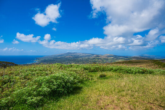 Scenic view of Hanga Roa, Rapa Nui, Easter Island, Chile volcanic landscape 