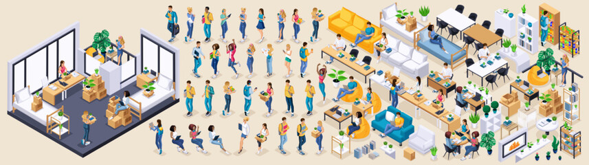 Isometric Kit for creating a student dormitory. Large Kit of furniture and Characters, Personage. Create your own unique design N1