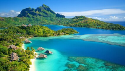 An aerial view of a tropical island with turquoise waters, white sand beaches, lush green vegetation, and a few wooden bungalows on stilts.