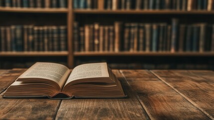 Open book on wooden table in front of a library bookshelf, symbolizing knowledge, learning, and literature in a peaceful setting.