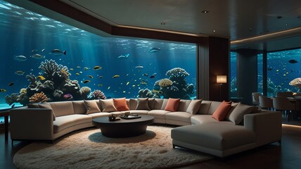 a living room with a large aquarium and a large aquarium with fish swimming in it.