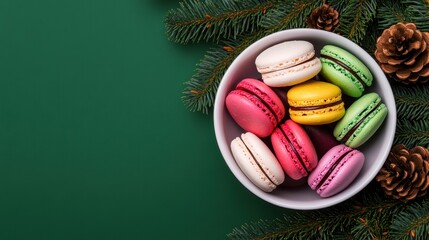 Delightful Holiday Macarons in Bowl with Festive Evergreen Branches and Pine Cones