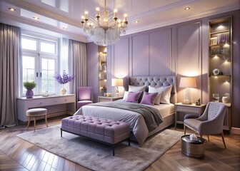 Luxury Light Purple Themed Bedroom Interior with Bokeh Effect for Elegant Travel Vacation Concept