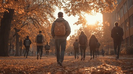 People walking through a park filled with autumn leaves on a sunny day, capturing the essence of fall with vibrant colors and golden sunlight.