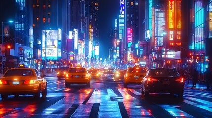 Electric Energy of a Busy City Intersection at Night with Colorful Lights Creating a Lively Urban Experience