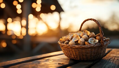 Obraz premium A rustic basket filled with various seashells on a wooden table, with a warm sunset backdrop and soft bokeh lights.