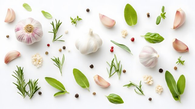garlic and herbs on white background. 