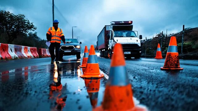 Bright orange traffic cones on a wet road with a worker and cars in the background, suggesting a rainy, caution-filled roadwork scene.