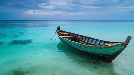 Naklejka premium wooden rowboat drifting on clear turquoise ocean water under a cloudy sky