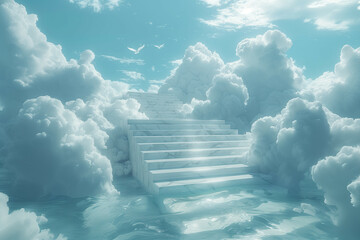 Majestic Marble Stairs Ascending into the Clouds under a Tranquil Sky