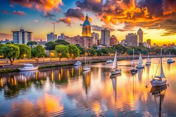 Obraz premium Macro Photography of Buenos Aires Cityscape at Sunset with Sailboats in South America, Argentina