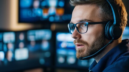 A focused man wearing a headset, engaged with multiple screens in a professional environment.
