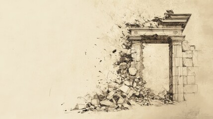 Fototapeta premium Shattered altar with remnants of broken idols scattered around ignored by the people in the midst of modern minimalist wall art