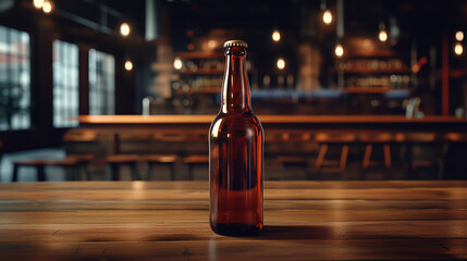 Mockup transparent colored beer bottle without label, on wooden table, bar cafe background, Ai generated images