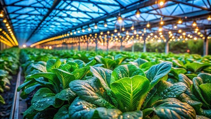 Fototapeta premium Macro Photography of Lush Greenhouse Rows Filled with Fresh Greens