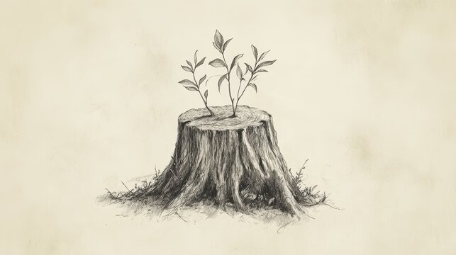 Emerging Shoots of Hope A Minimalist Wall Art Sketch Depicting the Symbolism of Renewal and Rebirth After Repentance in a Serene Earthy Tone