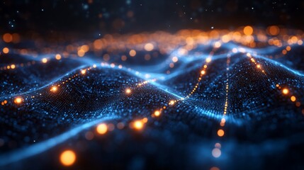 Abstract background with glowing particles and lines forming a wavy pattern.