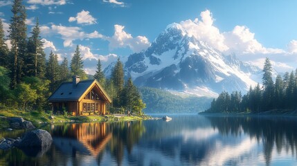 Fototapeta premium Serene mountain landscape with a cozy cabin by a tranquil lake.