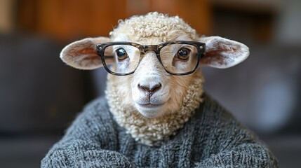 Obraz premium A sheep wearing glasses and a sweater poses for a fun and quirky indoor portrait at home in a cozy setting