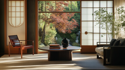 A modern living room interior with an Asian aesthetic. A luxury living room interior design with an Asian style. 