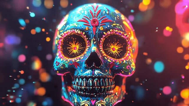 A colorful sugar skull, decorated with vibrant colors and designs, is the central image. Sparkly details and bright background.