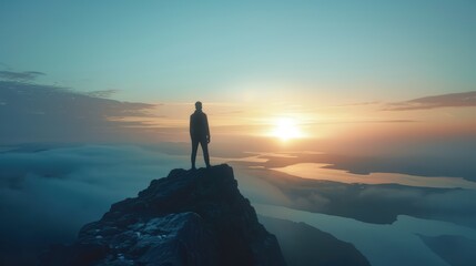 Fototapeta premium Man Standing on Mountain at Sunrise with Scenic View