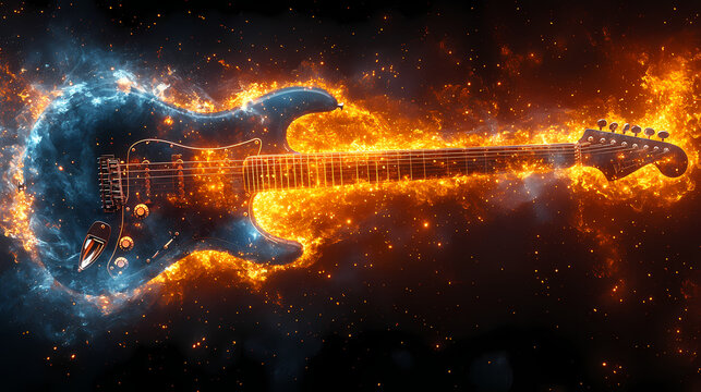 Electric guitar engulfed in flames against a black background