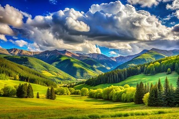 Fototapeta premium Majestic Billowing Clouds Over Vail Mountain's Blue Sky and Lush Grass Field in Colorado's Scenic Landscape