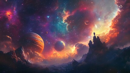 A lone figure stands atop a mountain peak, gazing at a breathtaking cosmic landscape with planets, stars, and nebulae.