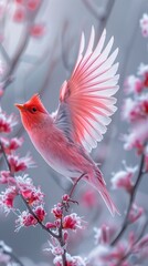 Pink Bird with Spread Wings on a Branch of Flowers