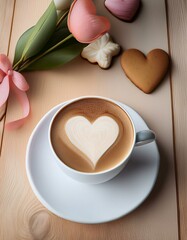 Una taza de café con espuma decorada con un arte en forma de corazón, sobre una mesa de madera clara, junto a un pequeño ramo de flores y unas galletas en forma de corazón.