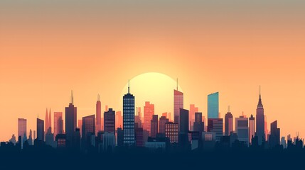 Dusk Cityscape: A Vibrant Glow and Lively Skyline Against a Beautiful Setting Sun at Dusk. Glow Time Concept