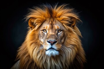 Majestic Lion with Long Mane Against Black Background &ndash; Stunning Wildlife Photography for Nature Lovers and Animal