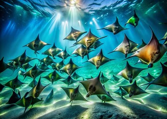 Majestic Mobula Rays Gathering in Vibrant Underwater Fashion Photography