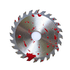 A Circular saw blade bloody isolated on a white background