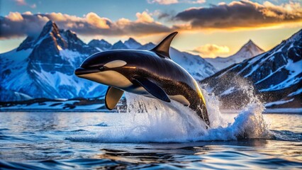Fototapeta premium Majestic Orca Breaching in Northern Norway - Captivating Macro Photography of Nature's Wonders