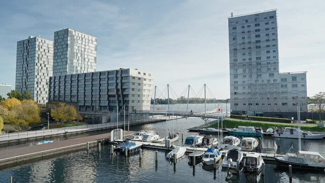 Modern architecture of Almere (The Netherlands) city center. Static shot.