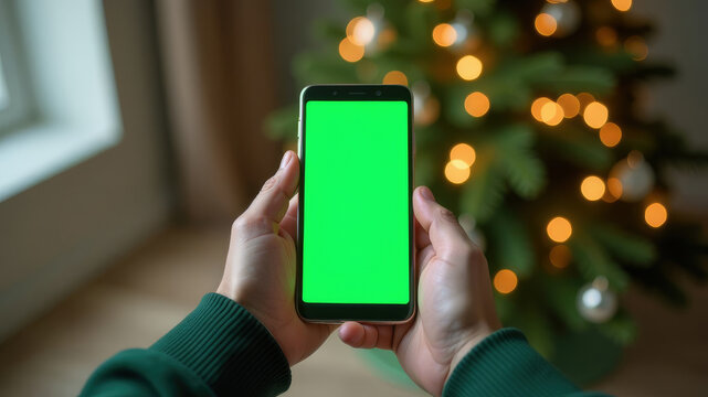 A person is displaying a blank green screen smartphone against a holiday backdrop adorned with Christmas tree and lights capturing a festive atmosphere. - Powered by Adobe